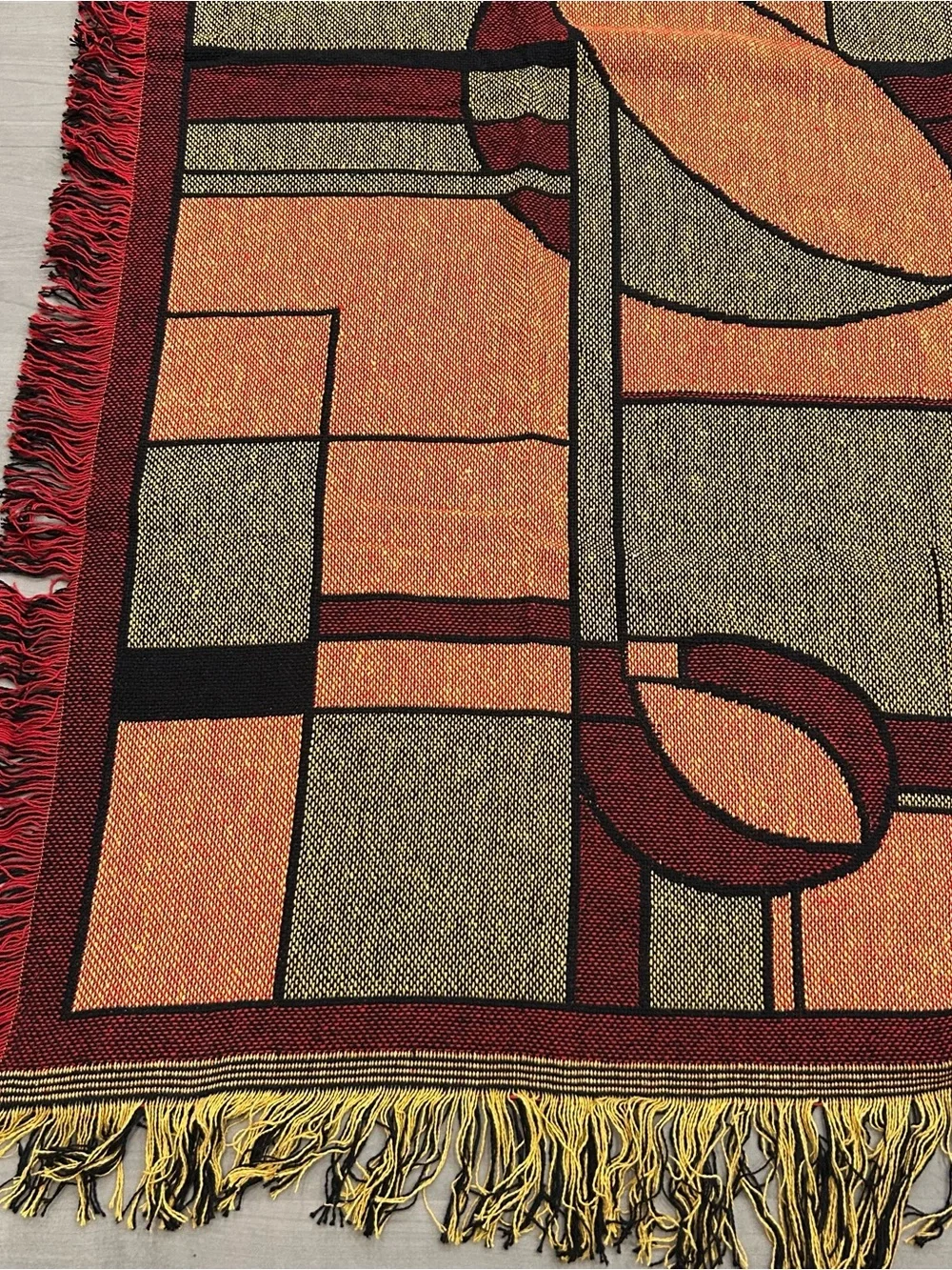 Vintage 90s WGM Abstract Geometric Tapestry Throw Woven Blanket Fringe 44x52